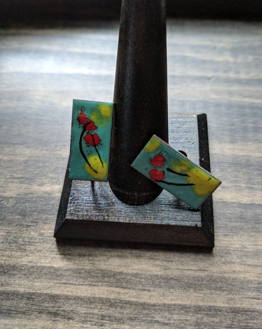 Vintage Enamel on Copper Earrings Modern Abstract Screw Back - Dirty30 Vintage
