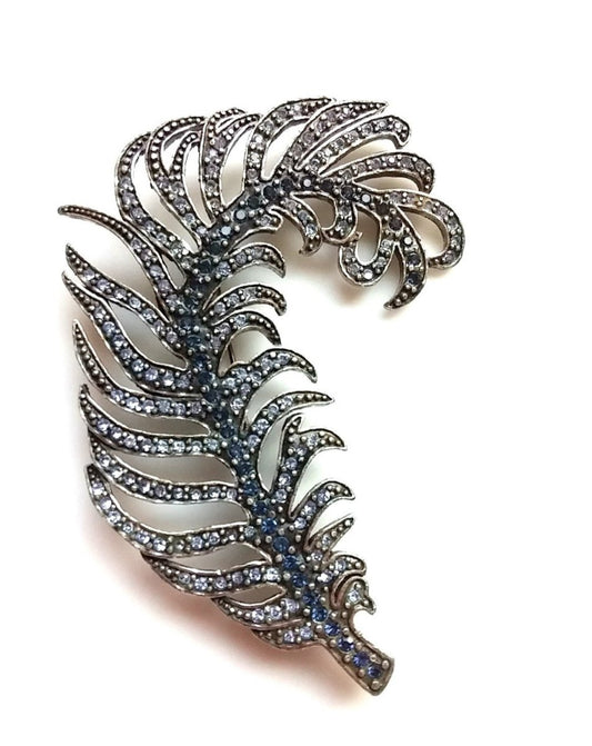 Vintage Feather Brooch Silver Tone Blue Rhinestone Accent Plume Pegasus Large Pin - Dirty30 Vintage