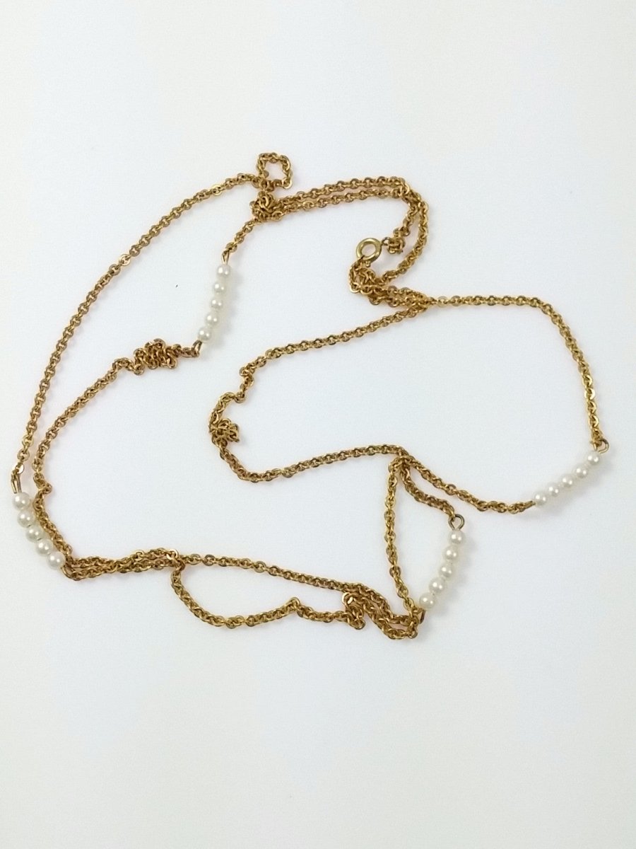 Vintage Gold Tone 40" Necklace w/ Faux Pearl Bar Stations - Dirty30 Vintage