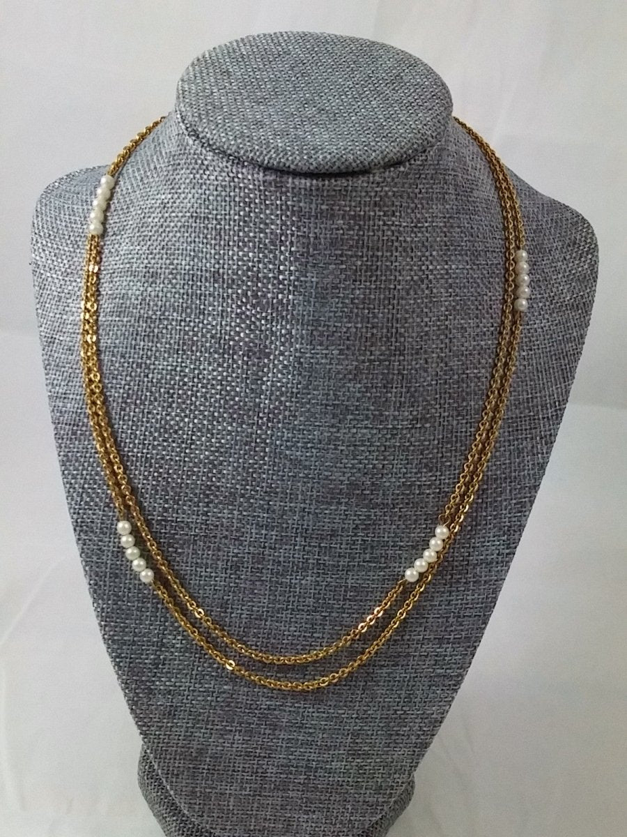 Vintage Gold Tone 40" Necklace w/ Faux Pearl Bar Stations - Dirty30 Vintage