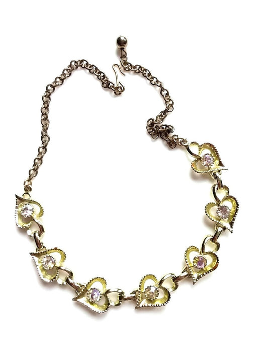 Vintage Heart Necklace w Aurora Borealis Rhinestone Accent Adjustable Chain - Dirty30 Vintage