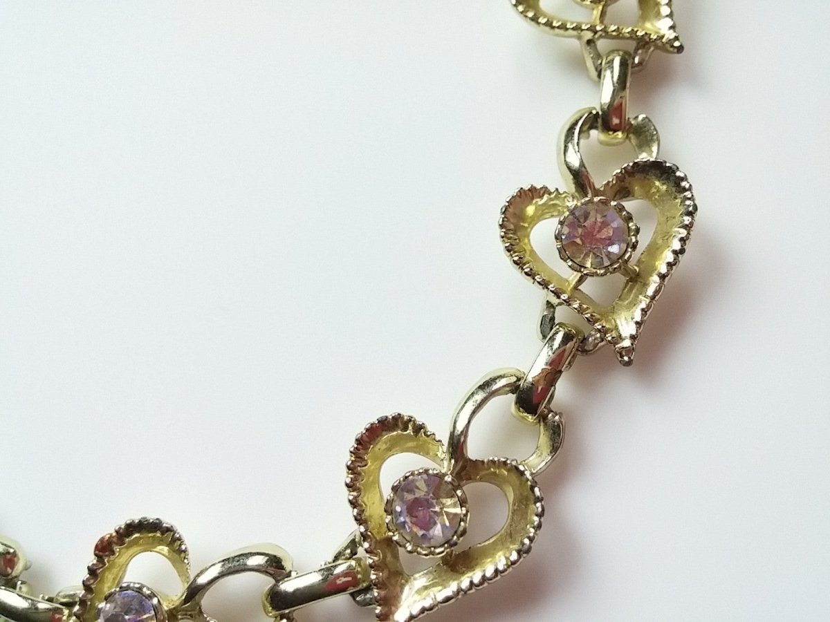 Vintage Heart Necklace w Aurora Borealis Rhinestone Accent Adjustable Chain - Dirty30 Vintage