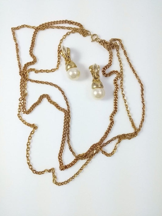 Vintage Jewelry Set 3 Strand Gold Tone Necklace and Pearl Drop Clip Earrings - Dirty30 Vintage