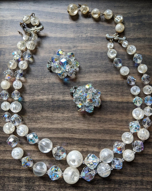 Vintage Jewelry Set Laguna Beaded Aura Borealis Necklace & Cluster Clip Earrings - Dirty30 Vintage