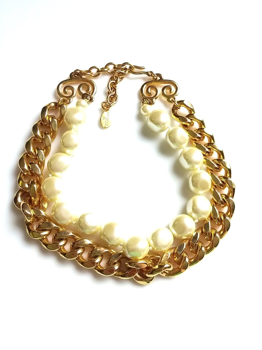 Vintage Judy Lee Choker Pearl & Gold Tone Necklace Bold Chunky - Dirty30 Vintage