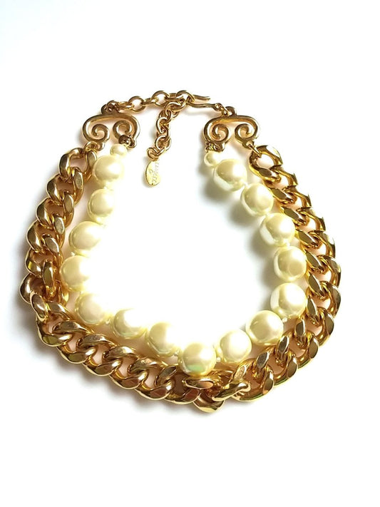 Vintage Judy Lee Choker Pearl & Gold Tone Necklace Bold Chunky - Dirty30 Vintage