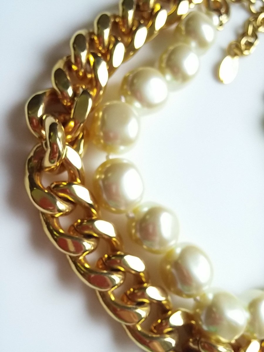 Vintage Judy Lee Choker Pearl & Gold Tone Necklace Bold Chunky - Dirty30 Vintage
