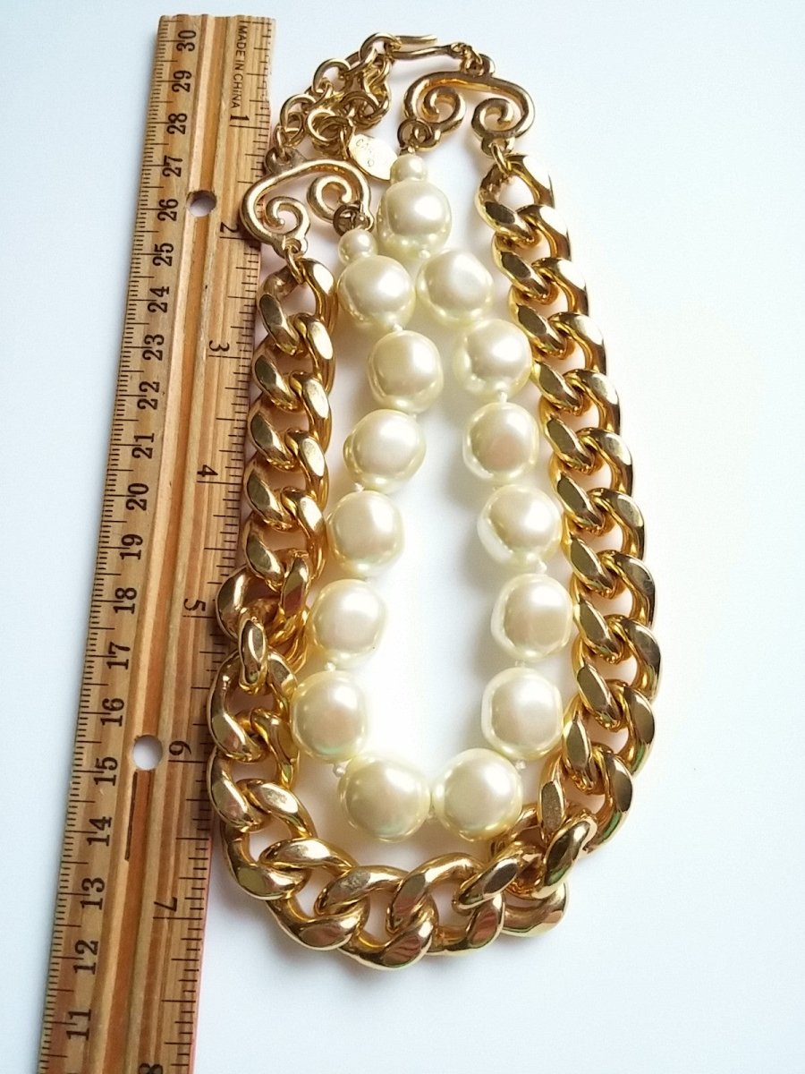Vintage Judy Lee Choker Pearl & Gold Tone Necklace Bold Chunky - Dirty30 Vintage