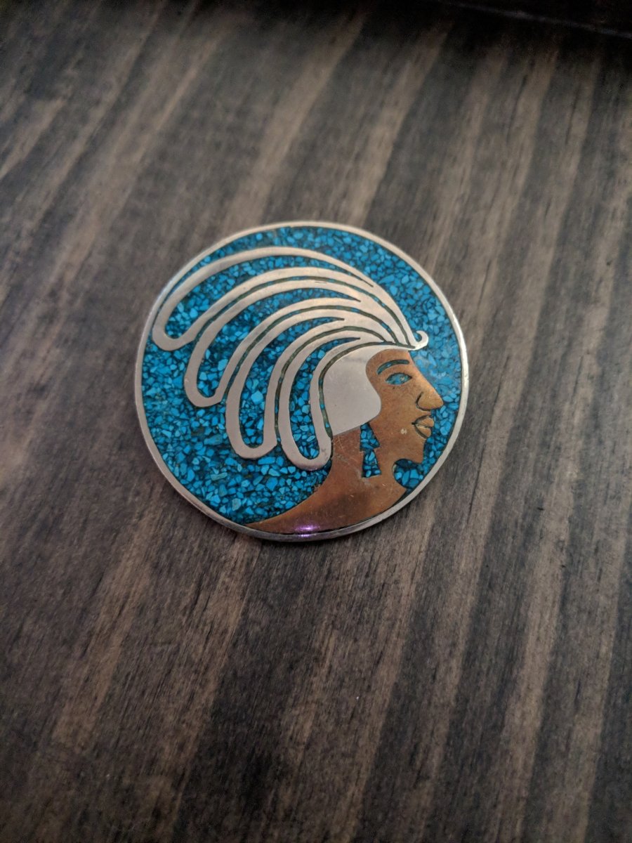 Vintage MFTALES Mexico Silver Pendant / Brooch Pharaoh Egypt Turquoise - Dirty30 Vintage