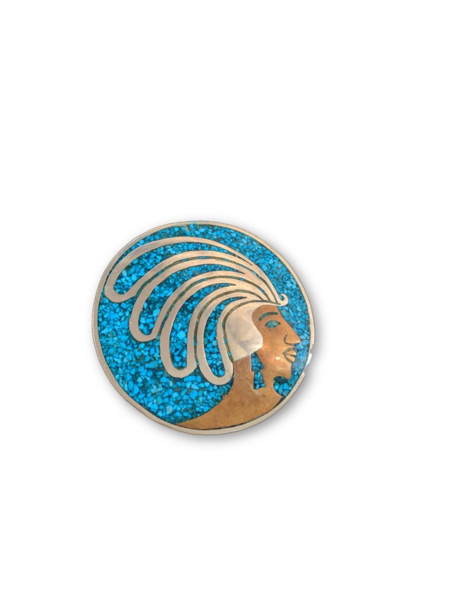 Vintage MFTALES Mexico Silver Pendant / Brooch Pharaoh Egypt Turquoise - Dirty30 Vintage