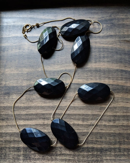 Vintage Necklace Black Faceted Oblong Beads w/ Gold Tone Chain - Dirty30 Vintage