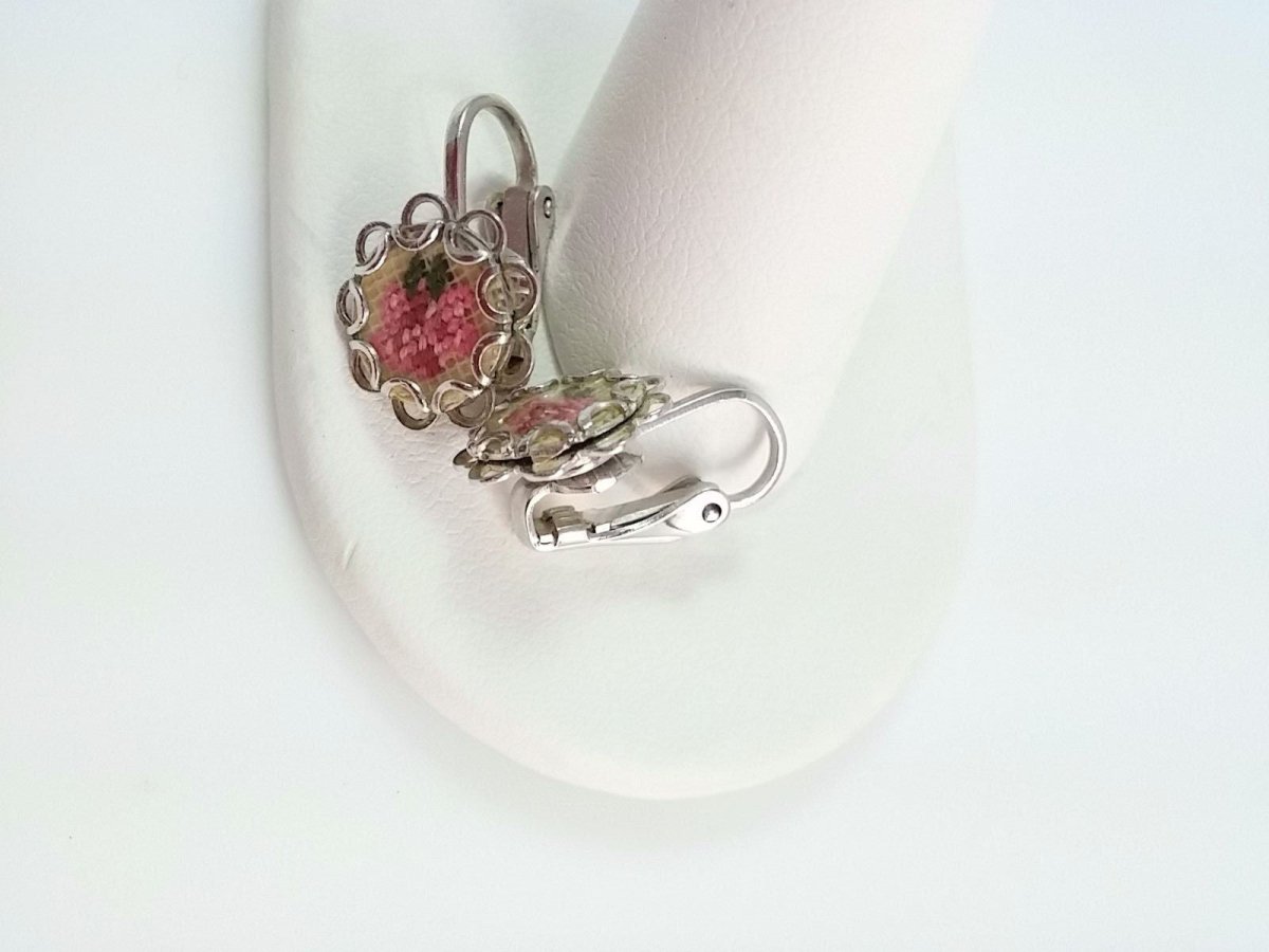 Vintage Needlepoint Tapestry Rose Flower Brooch Pin Pendant Clip Earrings Set - Dirty30 Vintage