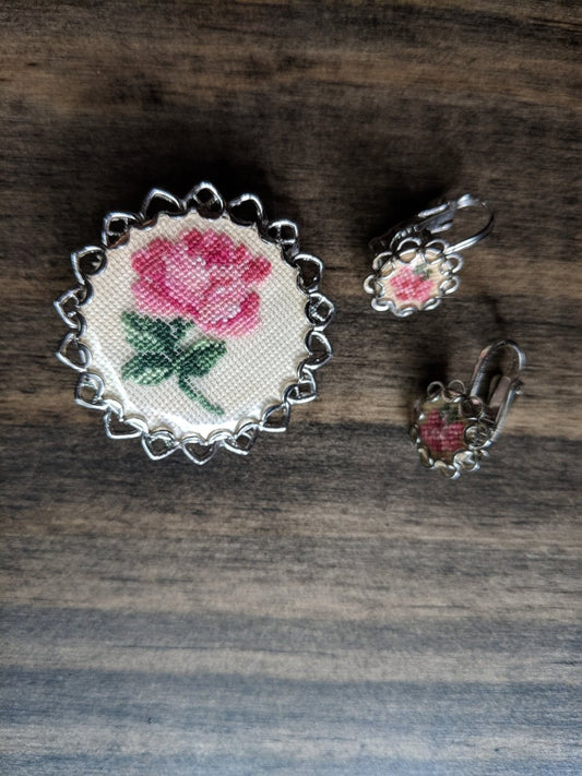 Vintage Needlepoint Tapestry Rose Flower Brooch Pin Pendant Clip Earrings Set - Dirty30 Vintage