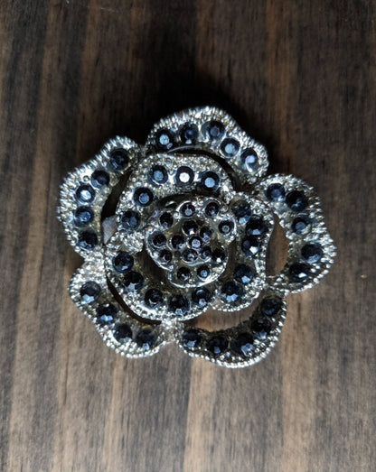 Vintage Open Flower Brooch Silver Tone w/ Black Rhinestones - Dirty30 Vintage