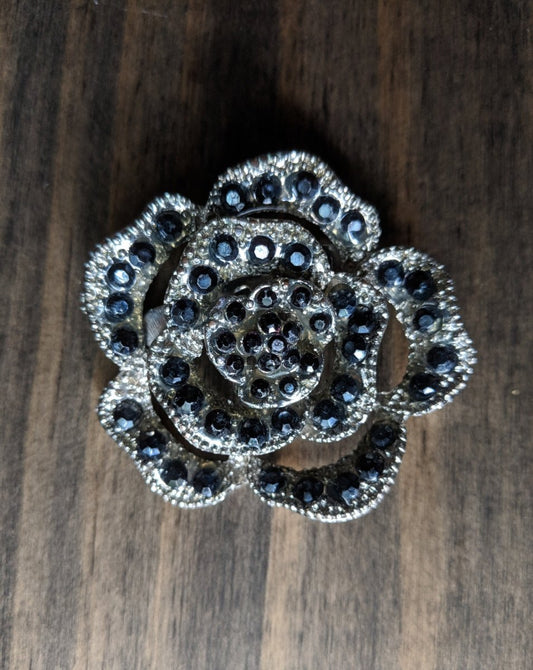 Vintage Open Flower Brooch Silver Tone w/ Black Rhinestones - Dirty30 Vintage