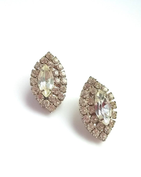 Vintage Rhinestone Earrings Large Marquis Center Clip Back - Dirty30 Vintage
