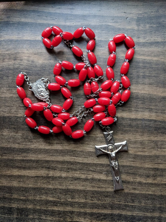 Vintage Rosary Red Plastic Beads Catholic Prayer Religion - Dirty30 Vintage