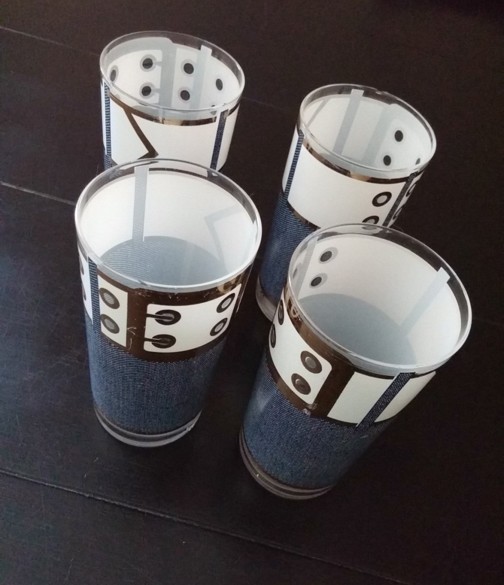 Vintage Set of 4 Cera 1960s Tall Boy Denim Tumbler Glasses w/ White Wide Belt - Dirty30 Vintage