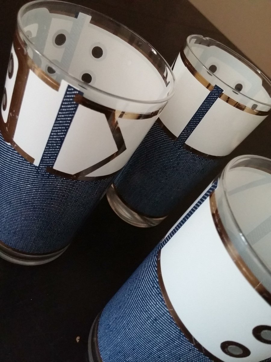 Vintage Set of 4 Cera 1960s Tall Boy Denim Tumbler Glasses w/ White Wide Belt - Dirty30 Vintage