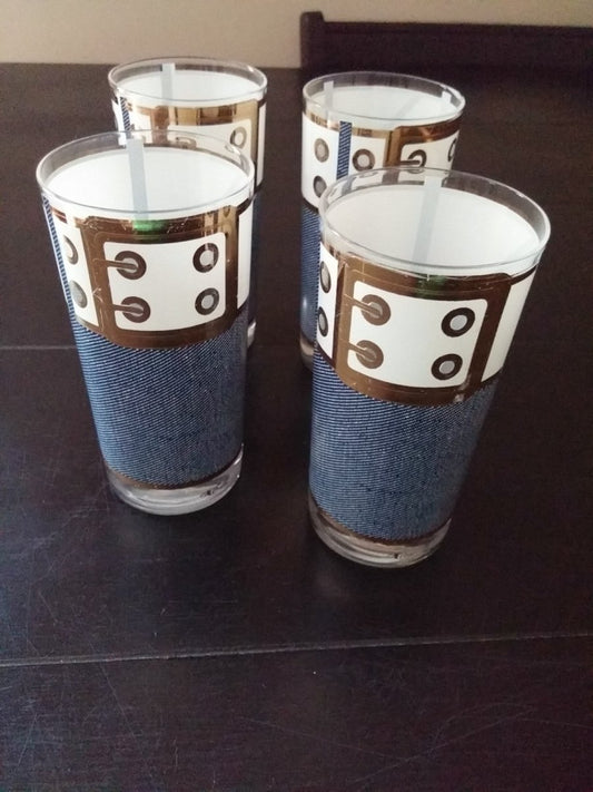 Vintage Set of 4 Cera 1960s Tall Boy Denim Tumbler Glasses w/ White Wide Belt - Dirty30 Vintage