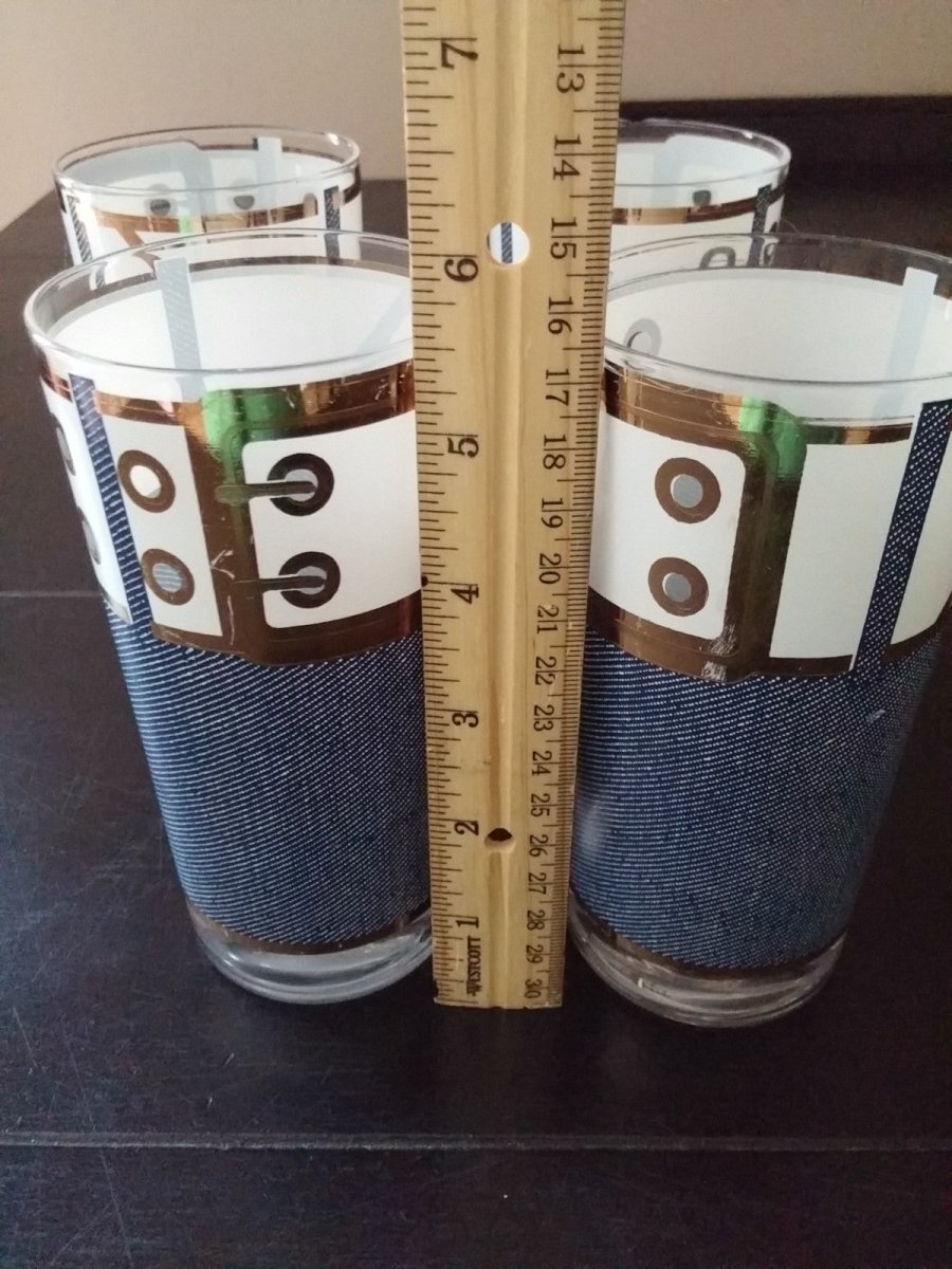 Vintage Set of 4 Cera 1960s Tall Boy Denim Tumbler Glasses w/ White Wide Belt - Dirty30 Vintage