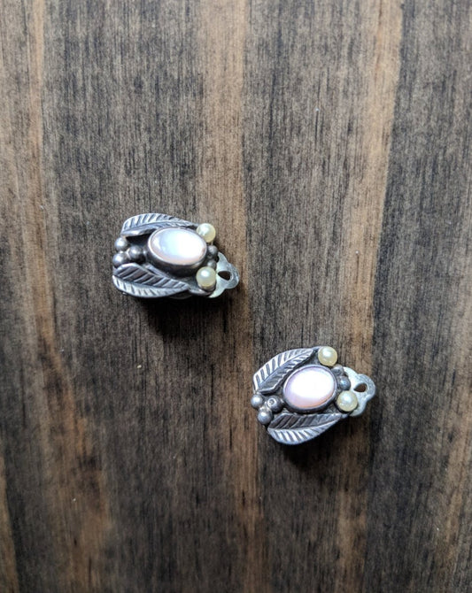 Vintage Silver Clip Earrings w/ Pink Moon Glow and Pearl Accents - Dirty30 Vintage