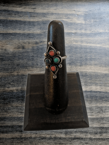 Vintage Silver Ring Turquoise and Coral Stones Native Size 5 1/2 - Dirty30 Vintage