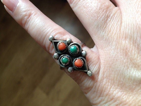 Vintage Silver Ring Turquoise and Coral Stones Native Size 5 1/2 - Dirty30 Vintage