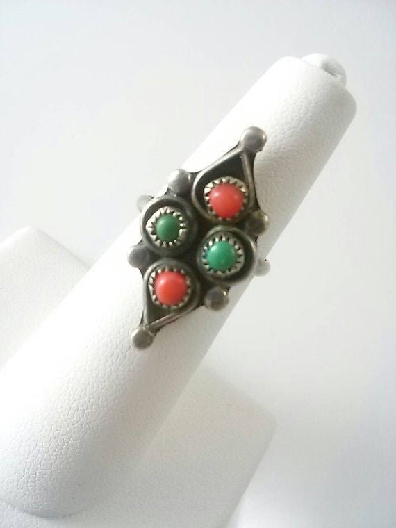 Vintage Silver Ring Turquoise and Coral Stones Native Size 5 1/2 - Dirty30 Vintage