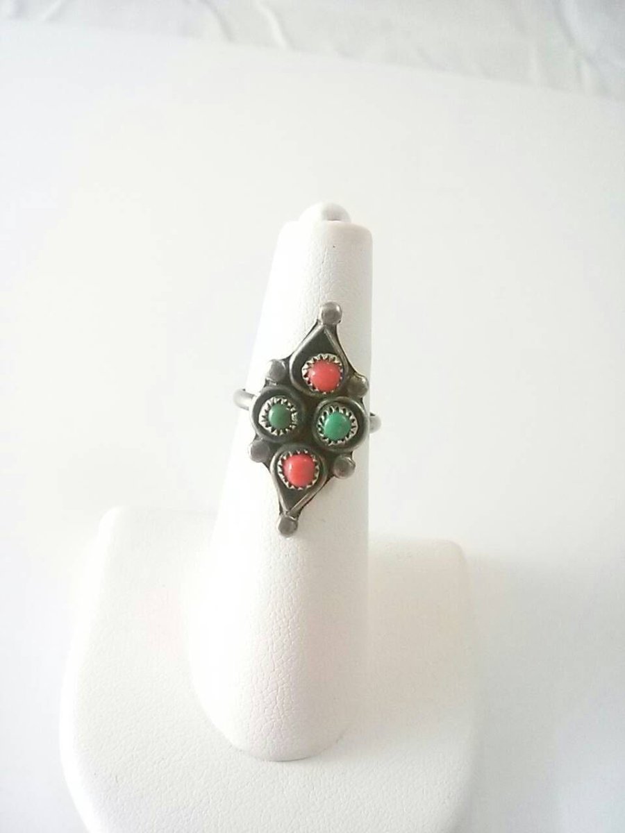 Vintage Silver Ring Turquoise and Coral Stones Native Size 5 1/2 - Dirty30 Vintage