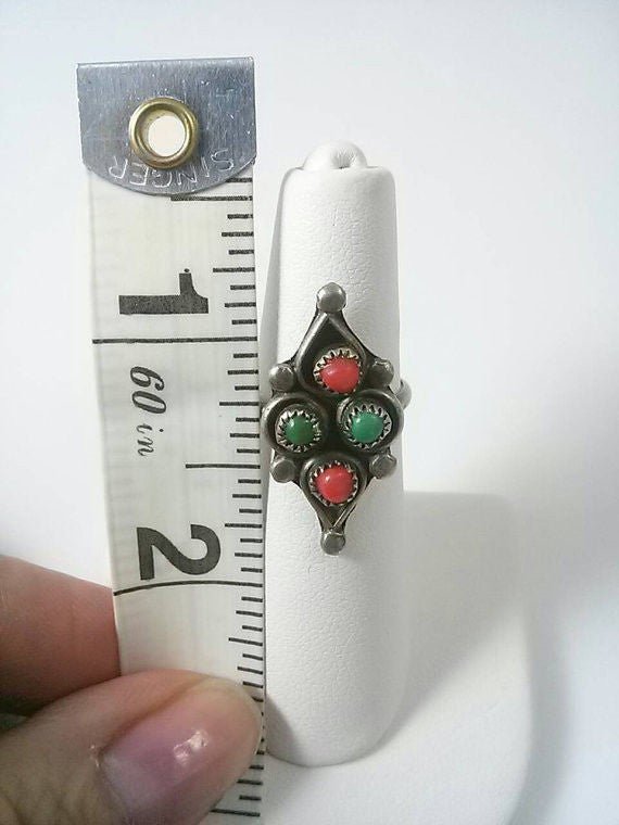 Vintage Silver Ring Turquoise and Coral Stones Native Size 5 1/2 - Dirty30 Vintage