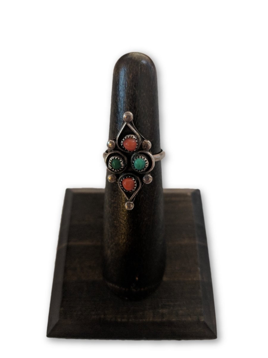 Vintage Silver Ring Turquoise and Coral Stones Native Size 5 1/2 - Dirty30 Vintage