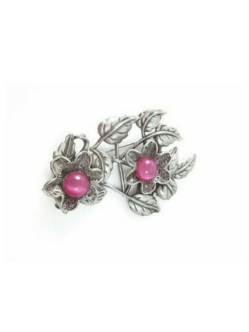 Vintage Silver Tone Brooch Large Leaf Floral Motif Pink Center Stones - Dirty30 Vintage