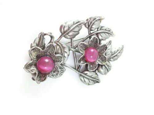 Vintage Silver Tone Brooch Large Leaf Floral Motif Pink Center Stones - Dirty30 Vintage