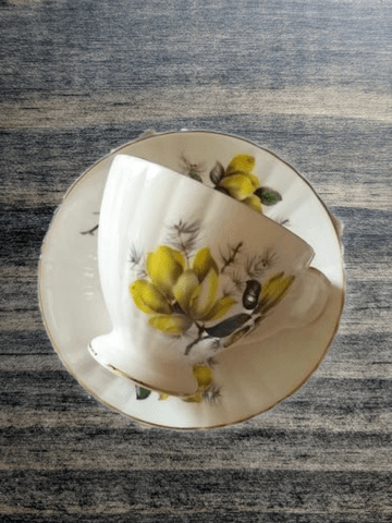 Vintage Tea Cup and Saucer Royal Grafton Bone China Yellow Rose Gold Trim - Dirty30 Vintage