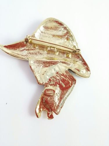 Vintage Torino 1980s Black and Gold Lady in Hat Brooch - Dirty30 Vintage