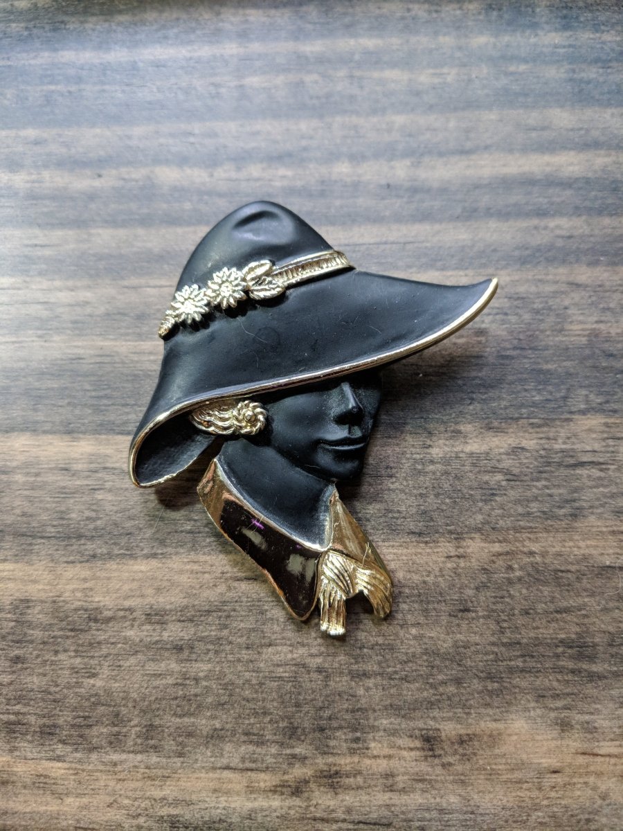 Vintage Torino 1980s Black and Gold Lady in Hat Brooch - Dirty30 Vintage