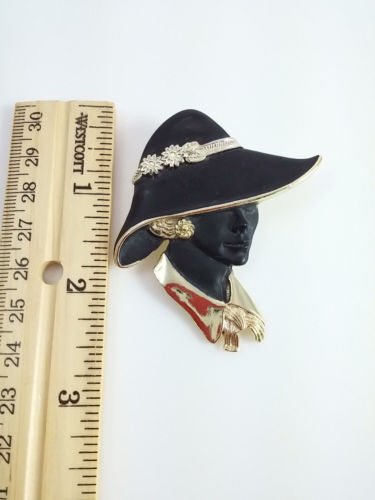 Vintage Torino 1980s Black and Gold Lady in Hat Brooch - Dirty30 Vintage