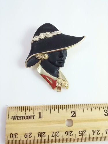 Vintage Torino 1980s Black and Gold Lady in Hat Brooch - Dirty30 Vintage