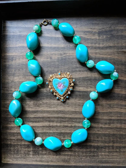 Vintage Turquoise Beaded Necklace & Heart Brooch by ART - Dirty30 Vintage