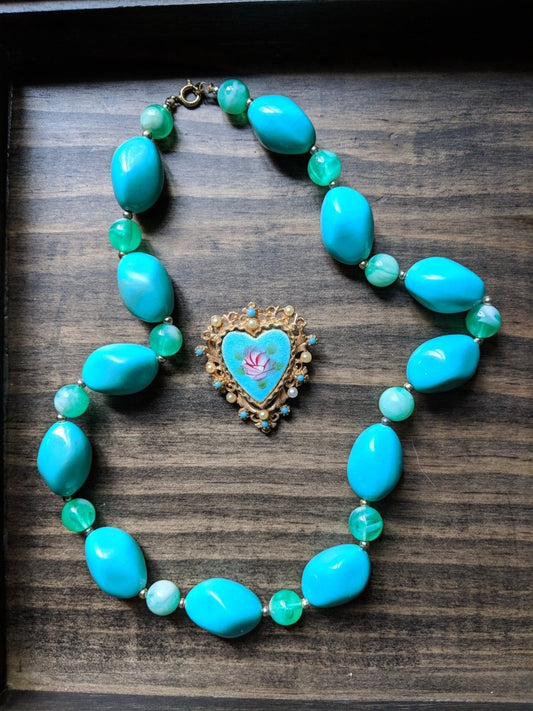 Vintage Turquoise Beaded Necklace & Heart Brooch by ART - Dirty30 Vintage