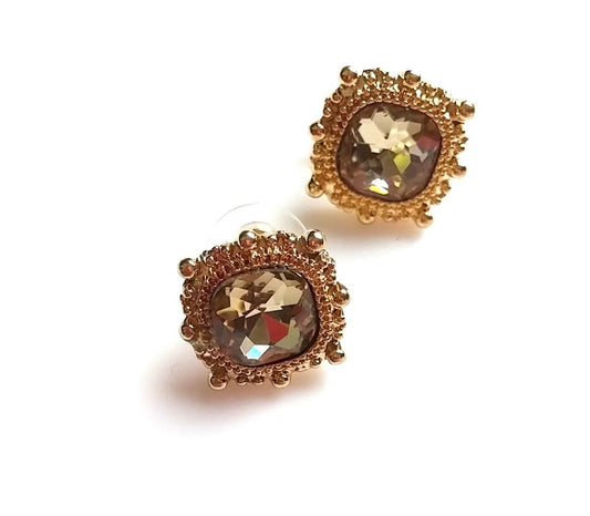 Women's Earrings Cushion Cut Amber Hued Center w/ Gold Tone Frame - Dirty30 Vintage